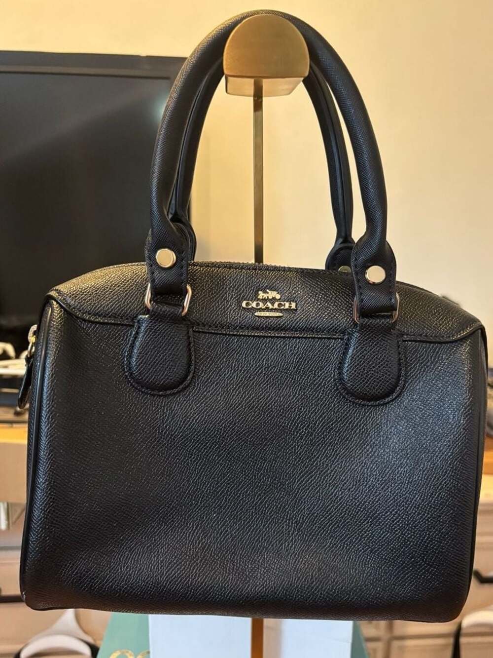 Coach Rowan Satchel Black Crossgrain Leather Gold Hardware Crossbody Bag